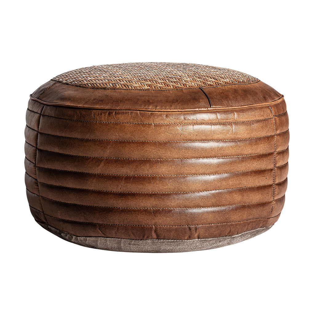 Runder Pouf im Vintage Stil aus Leder und Rattangeflecht