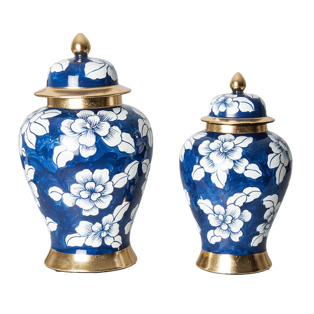 Blaue Keramikvase mit Deckel und weissen Blumenmotiven - Maison Oudh