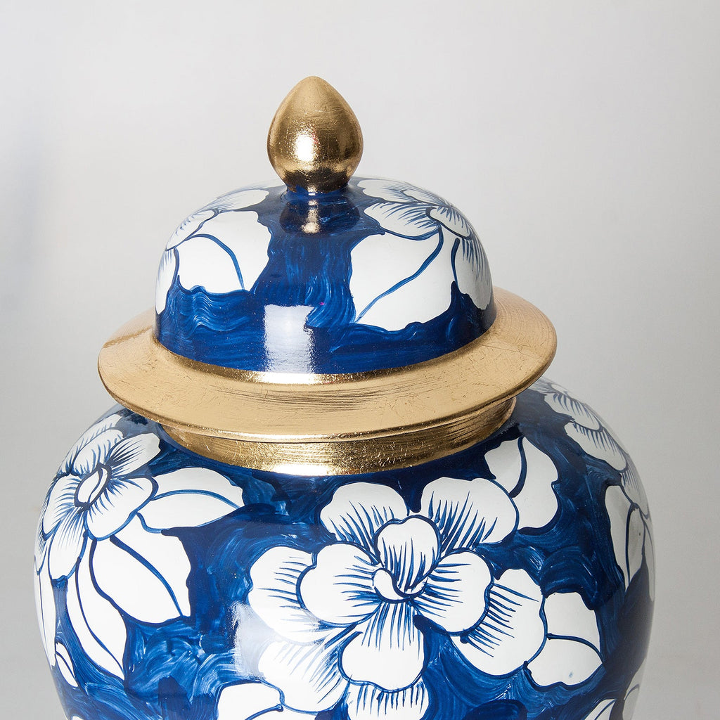 Blaue Keramikvase mit Deckel – Blumenmotiven Oudh und Maison weissen