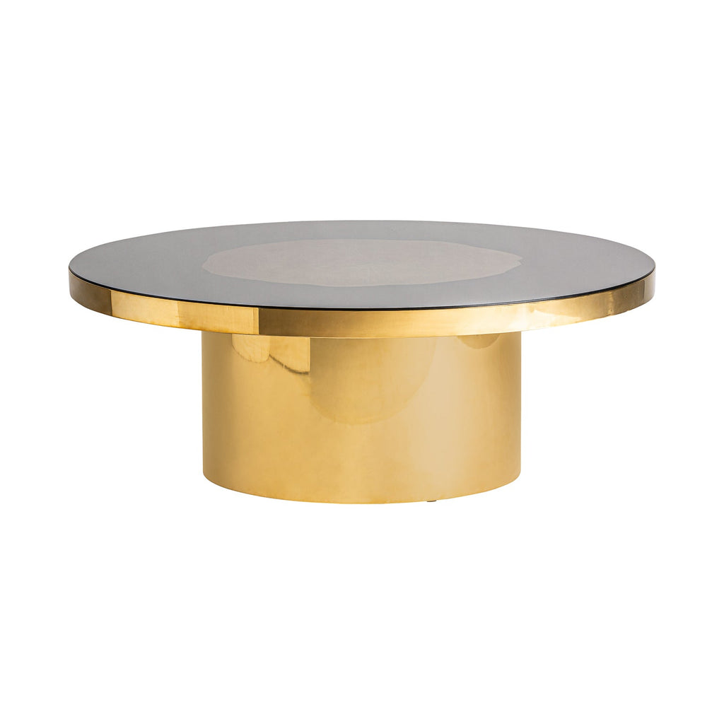Runder Couchtisch in Gold kombiniert mit einer dekorativen Glasplatte - Maison Oudh