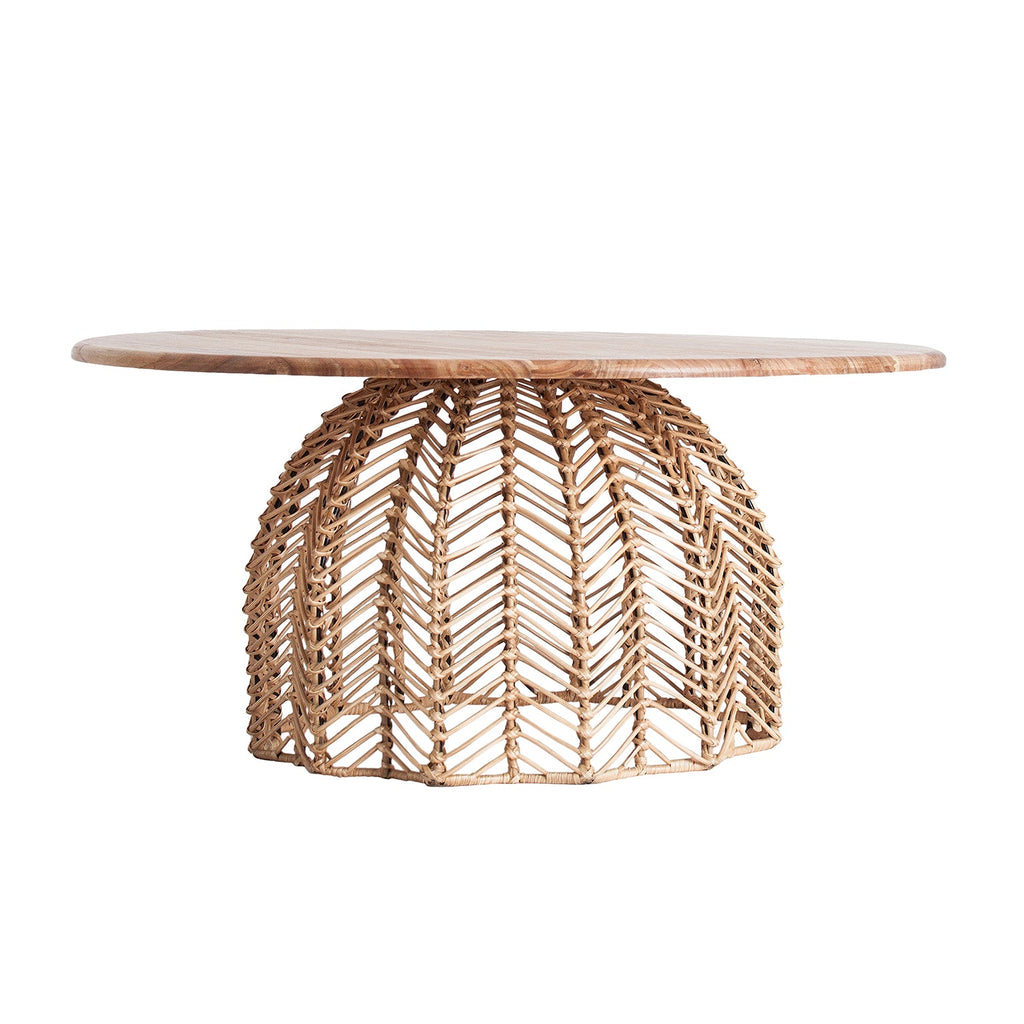 Runder Designer Couchtisch Plissè aus Mahagoni und Rattan - Maison Oudh