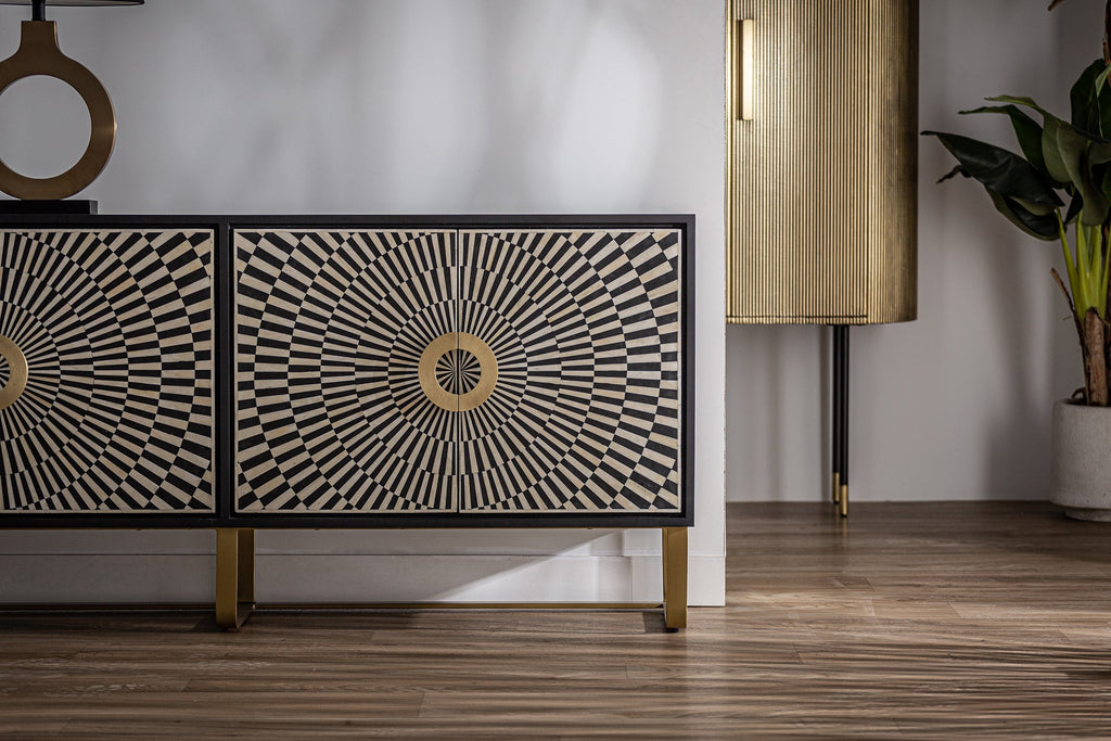 TV Schrank im Art Deco Stil aus schwarzem und weissem Bone kombiniert mit Gold - Maison Oudh