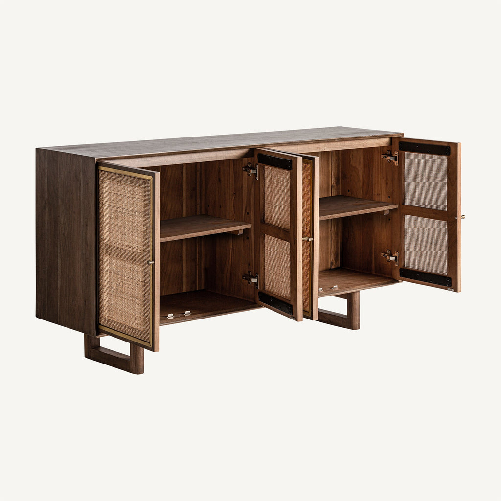 Viertüriges Sideboard aus Mangoholz kombiniert mit Hanf - Maison Oudh