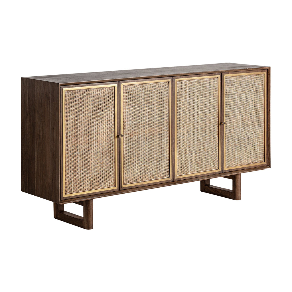 Viertüriges Sideboard aus Mangoholz kombiniert mit Hanf - Maison Oudh